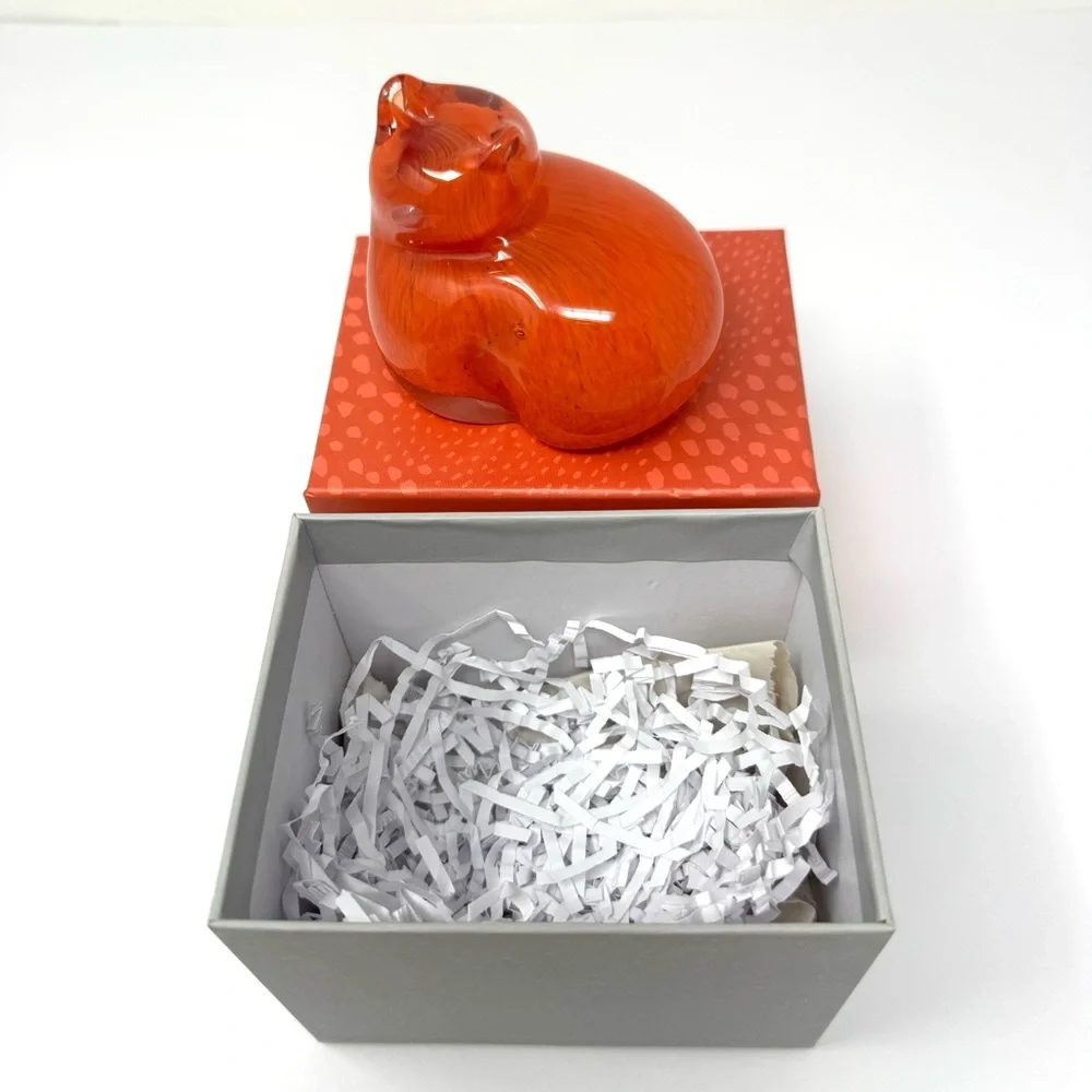 WEST ELM orange glass cat paperweight, NWOT